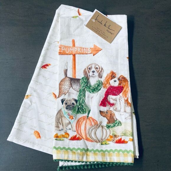 Nicole Miller Autumn Dogs Embroidered Fall Halloween Dish Towels - Picture 2 of 2
